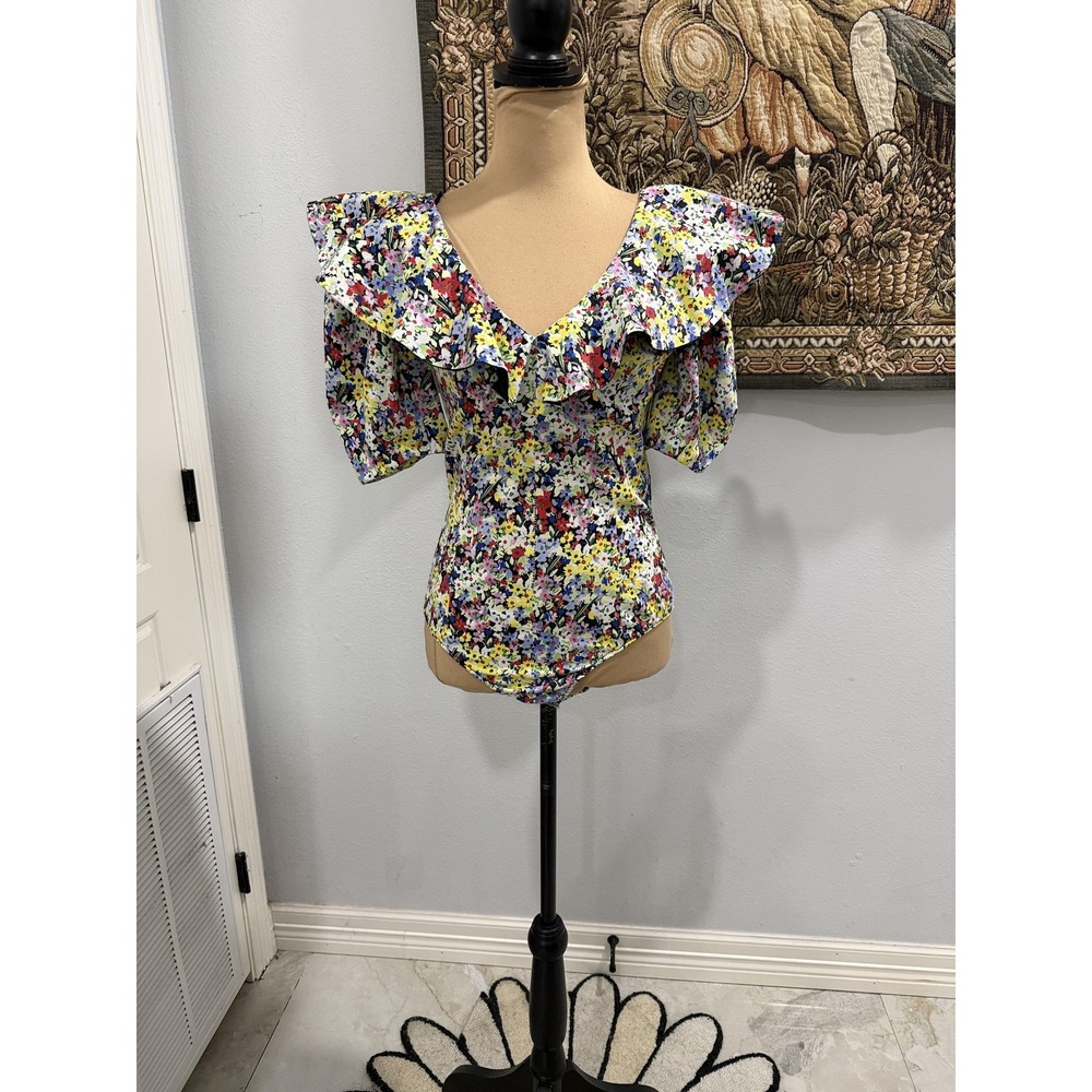 Zara Bodysuit Womens Small Multicolor Floral Ruffle Puff Sleeve Cotton V Neck